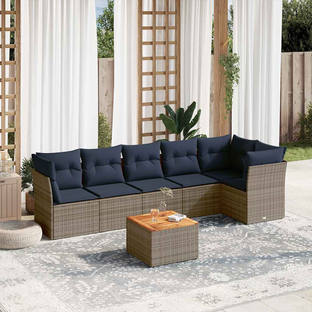 7 Pcs conjunto sofás p/ jardim c/ almofadões vime PE cinzento
