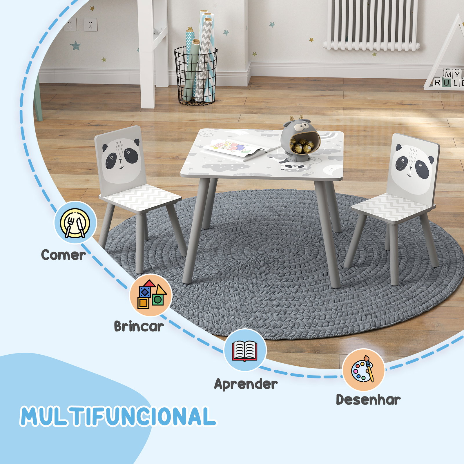 Conjunto de mesa e cadeiras para crianças de 3 peças mesa infantil com 2 cadeiras conjunto de móveis para atividades cinza