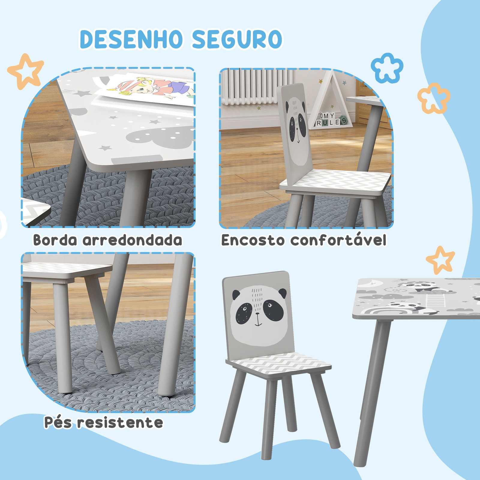 Conjunto de mesa e cadeiras para crianças de 3 peças mesa infantil com 2 cadeiras conjunto de móveis para atividades cinza
