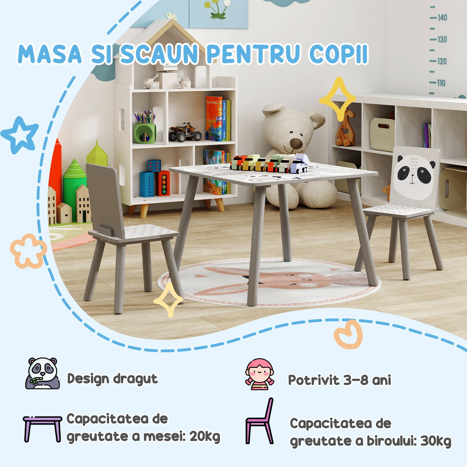 Conjunto de mesa e cadeiras para crianças de 3 peças mesa infantil com 2 cadeiras conjunto de móveis para atividades cinza