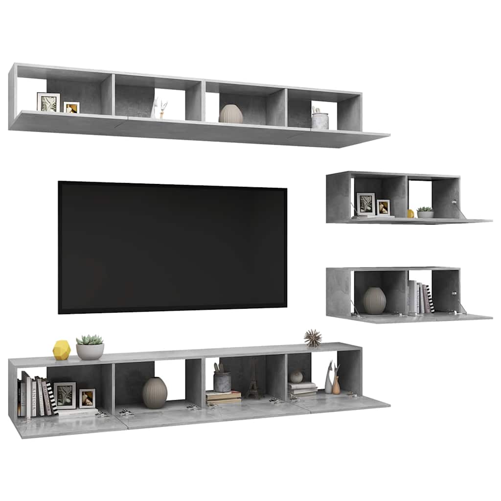 6 Pcs conjunto de móveis de TV derivados madeira cinza cimento