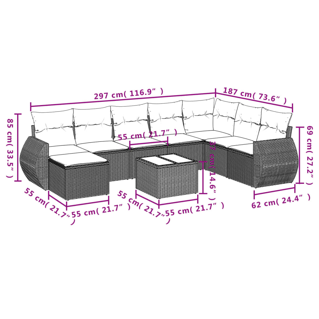 8 Pcs conjunto sofás de jardim com almofadões vime PE preto