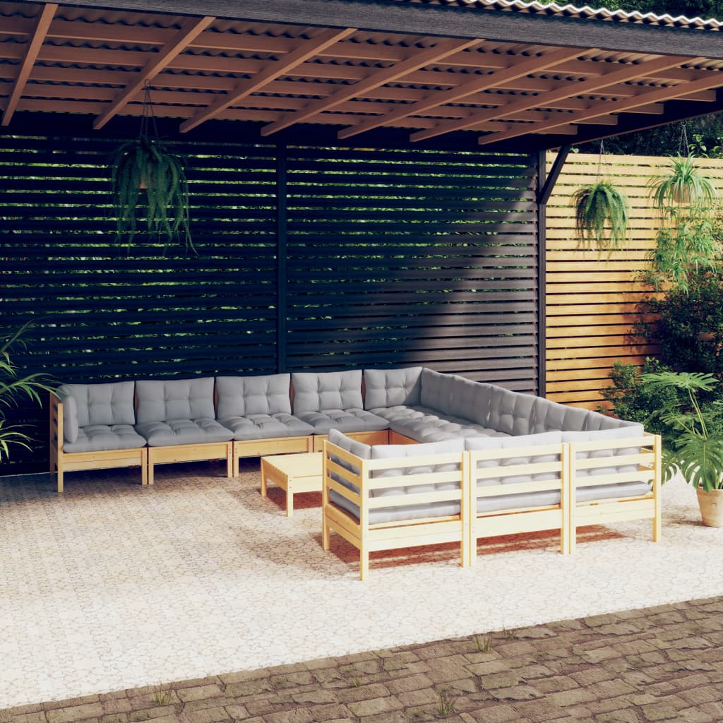 12 Pcs conjunto lounge de jardim c/ almofadões cinza pinho