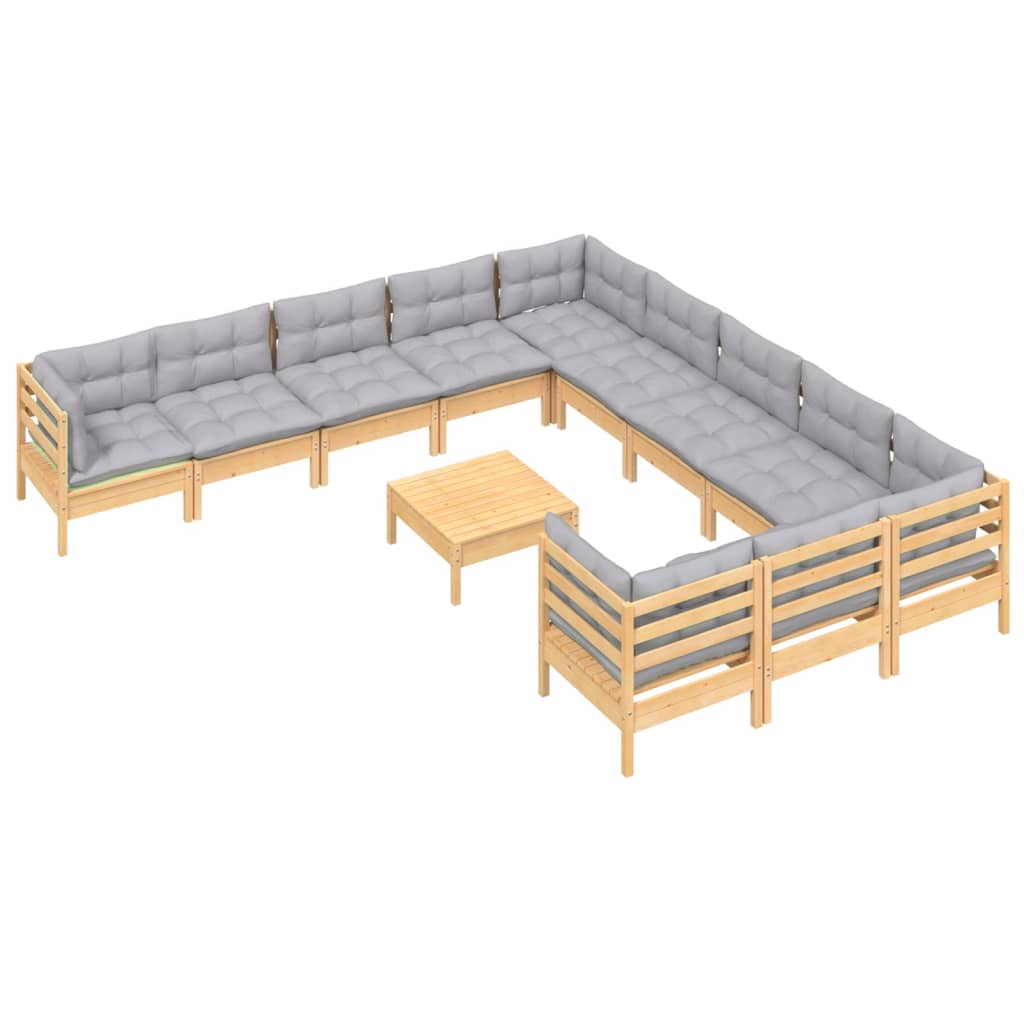 12 Pcs conjunto lounge de jardim c/ almofadões cinza pinho