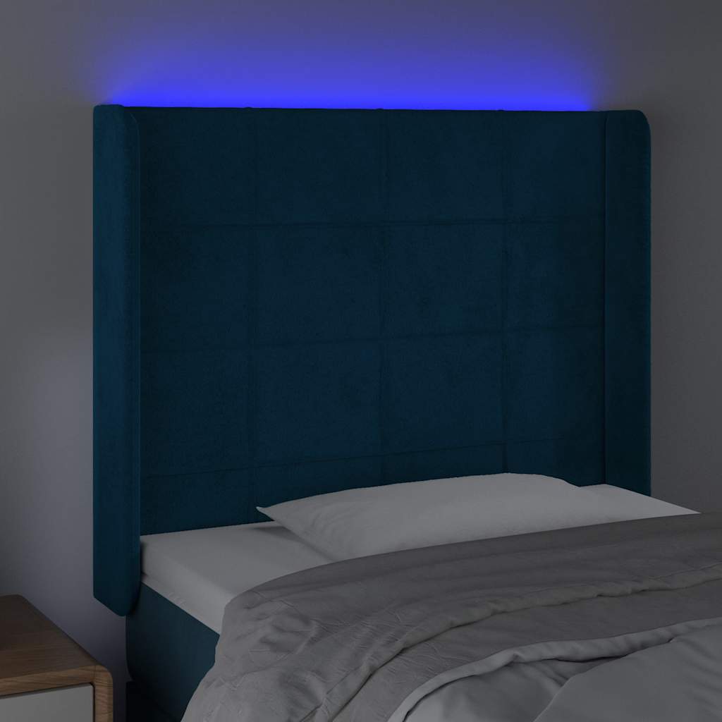 Cabeceira cama c/ luzes LED veludo 83x16x118/128 cm azul-escuro