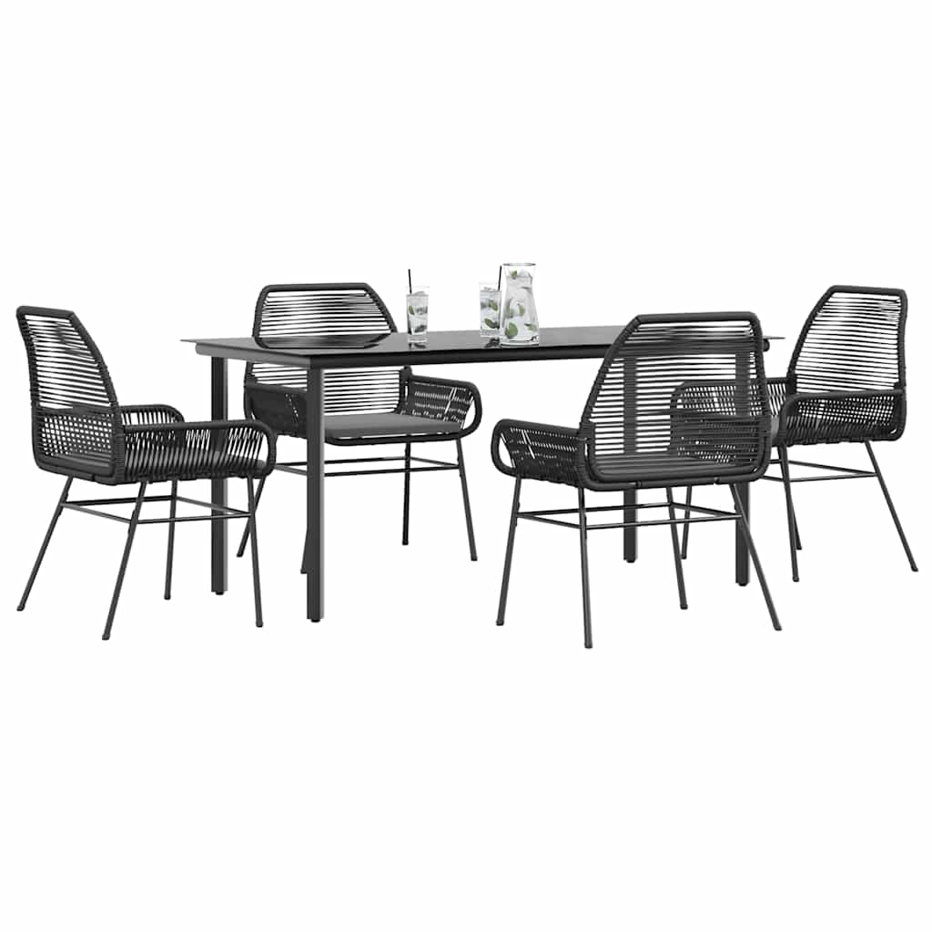 Conjunto de jantar jardim 5 peças almofadas vidro vime PE preto