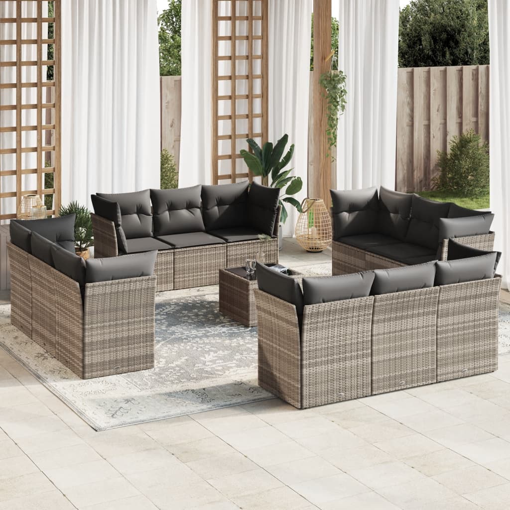 13 Pcs conj. sofás jardim c/ almofadões vime PE cinzento-claro