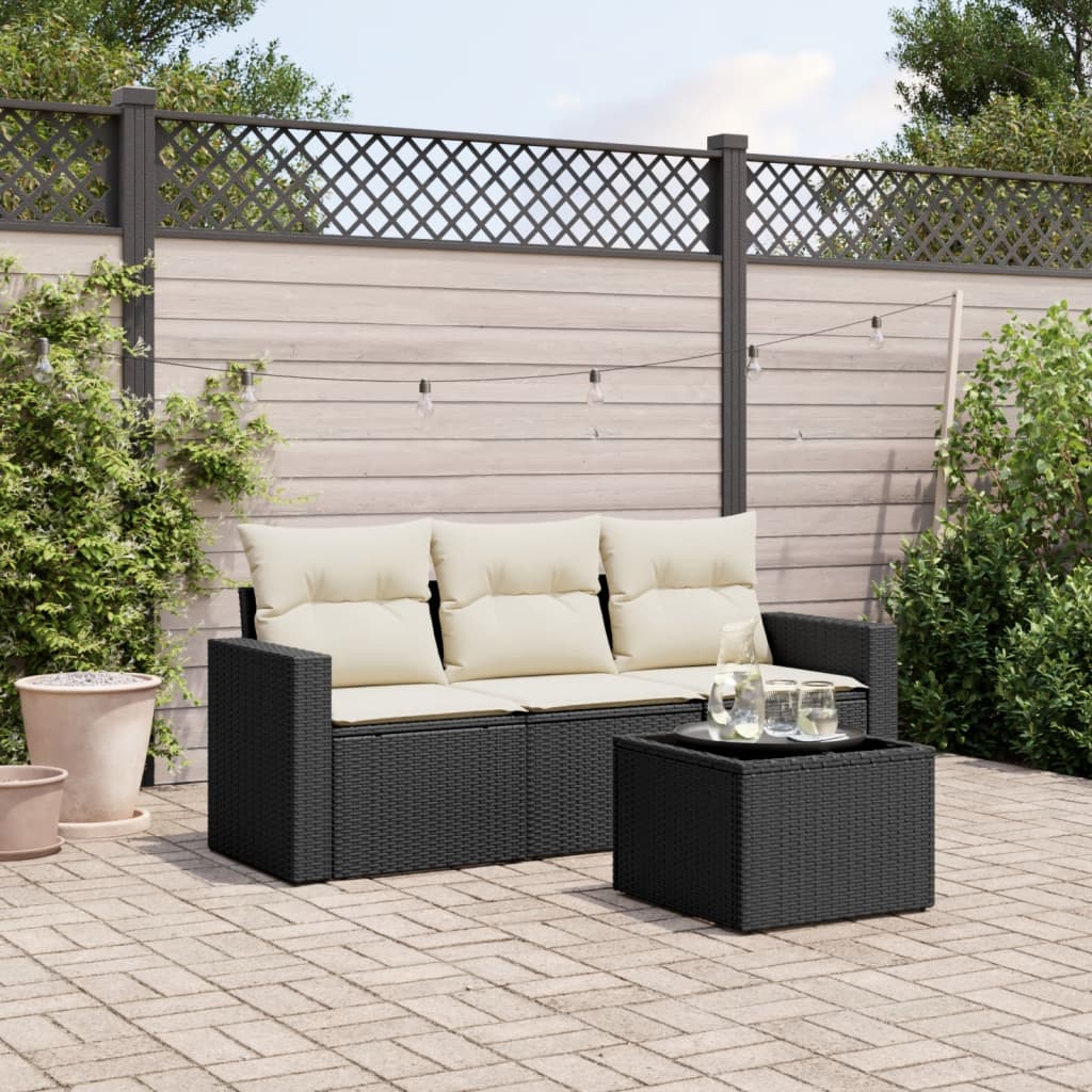4 Pcs conjunto de sofás para jardim c/ almofadões vime PE preto