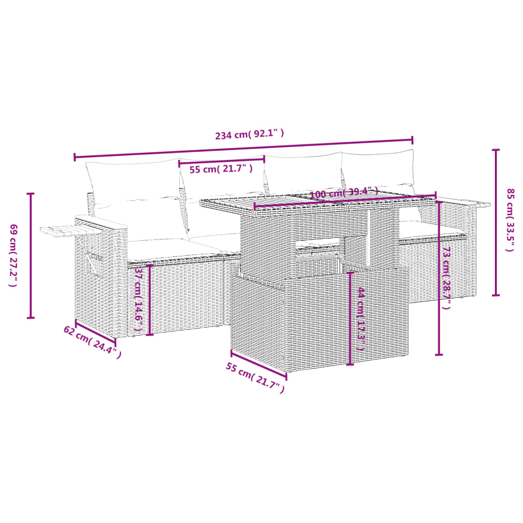 5 Pcs conjunto sofás de jardim c/ almofadões vime PE cinzento