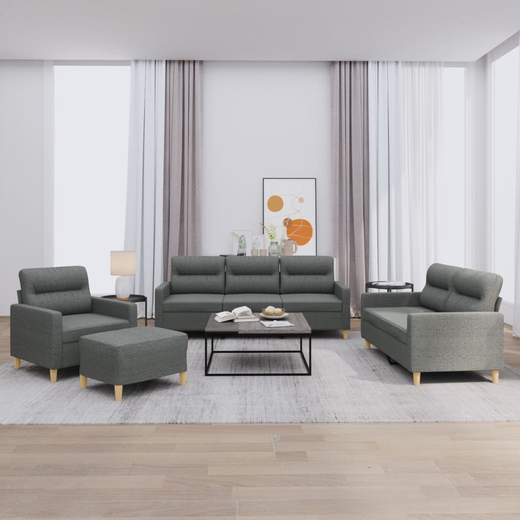 4 Pcs conjunto de sofás com almofadões tecido cinzento-escuro