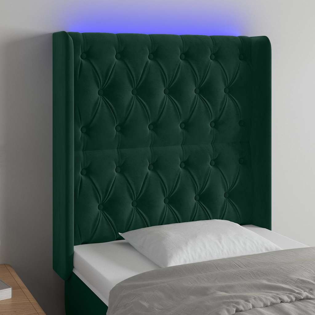 Cabeceira cama c/ luzes LED veludo 83x16x118/128cm verde-escuro