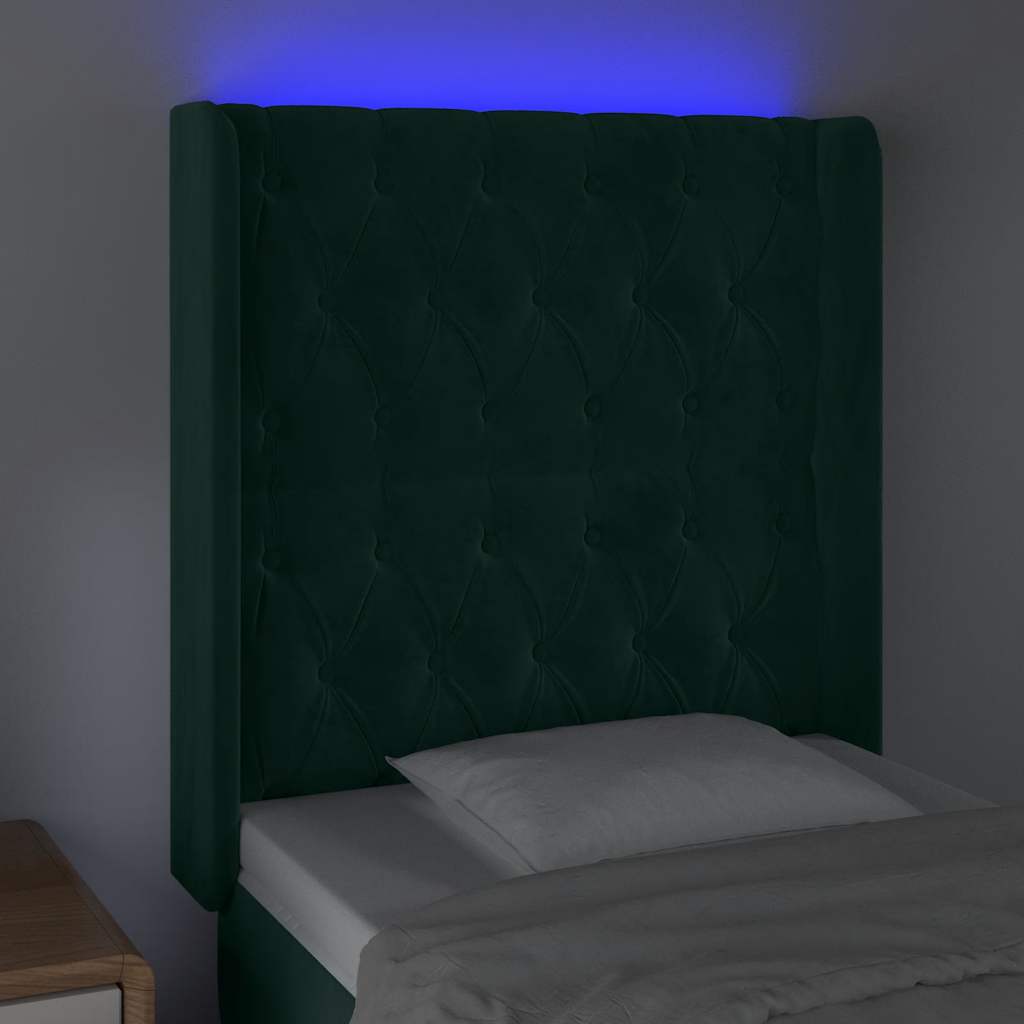 Cabeceira cama c/ luzes LED veludo 83x16x118/128cm verde-escuro