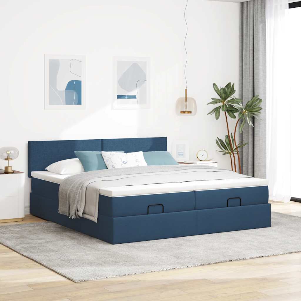 Estrutura de cama otomana com colchões 180x200cm tecido azul