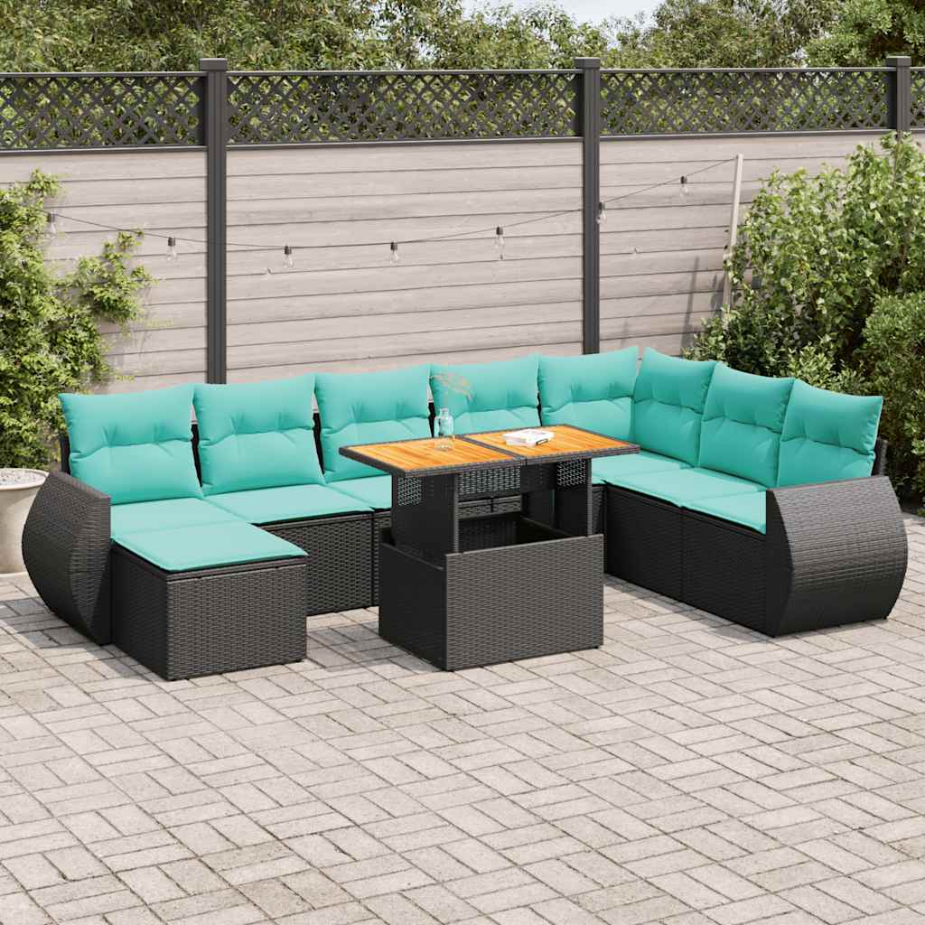 9 Pcs conjunto de sofás p/ jardim c/ almofadões vime PE preto
