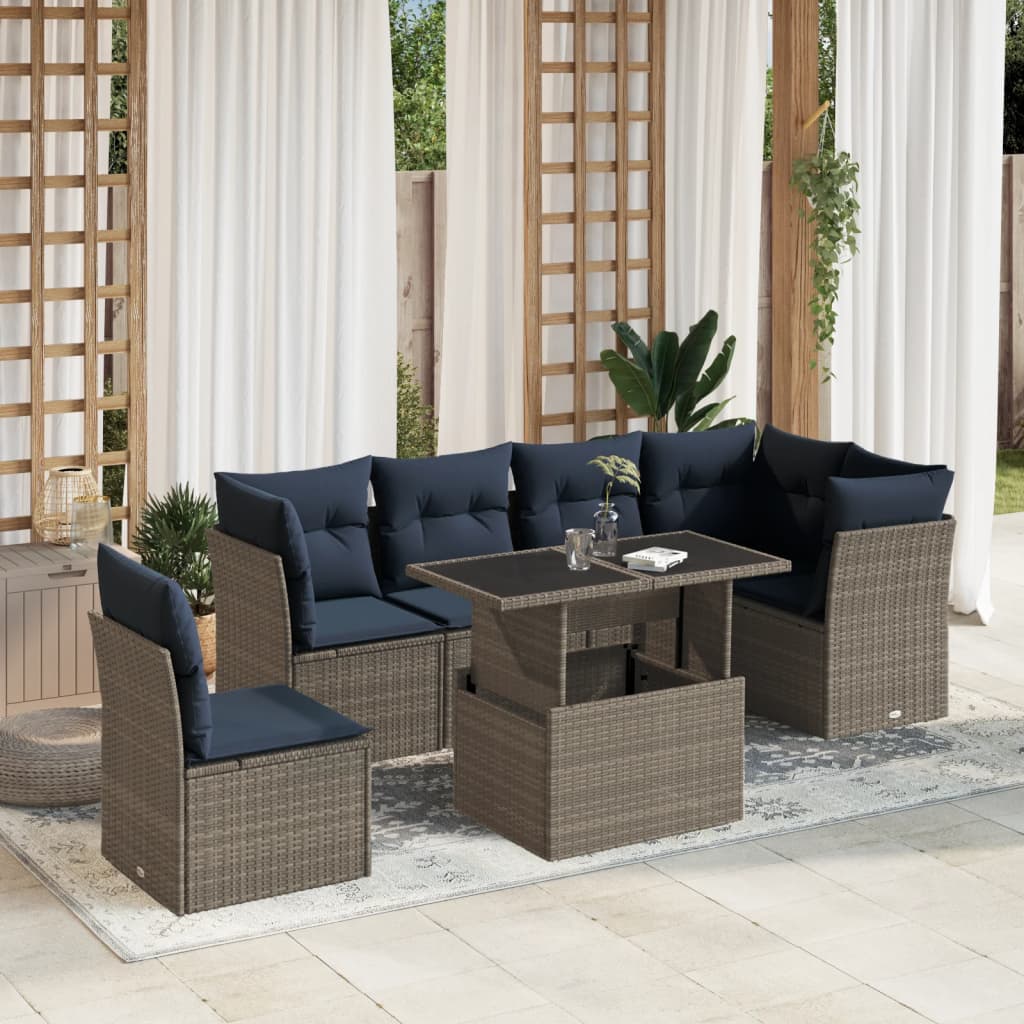 Conjunto de sofá de jardim com 7 peças e almofadas em rattan sintético cinza