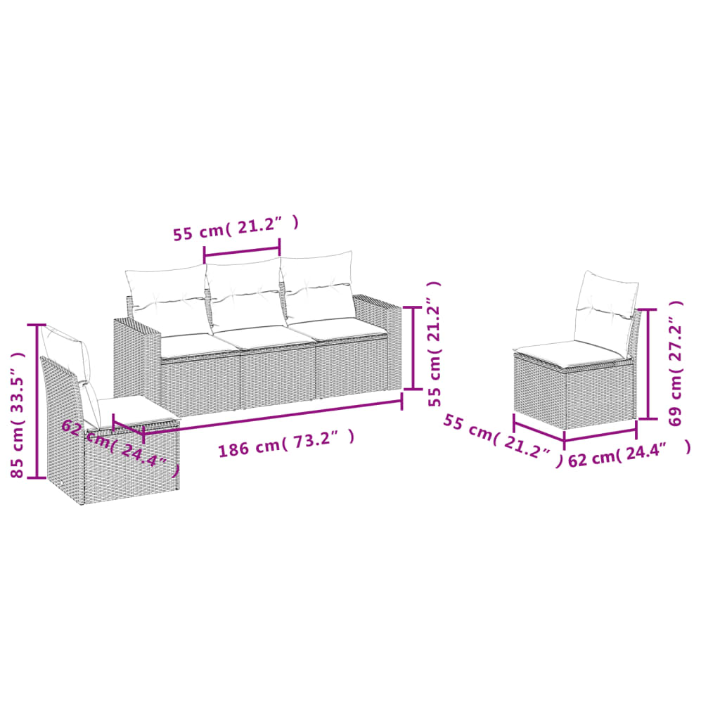 5 Pcs conjunto sofás de jardim com almofadões vime PE preto