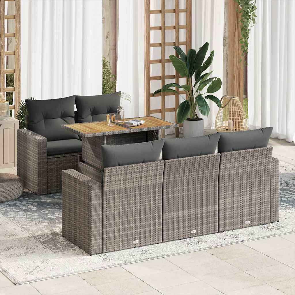 6 Pcs conjunto sofás de jardim com almofadões vime cinzento