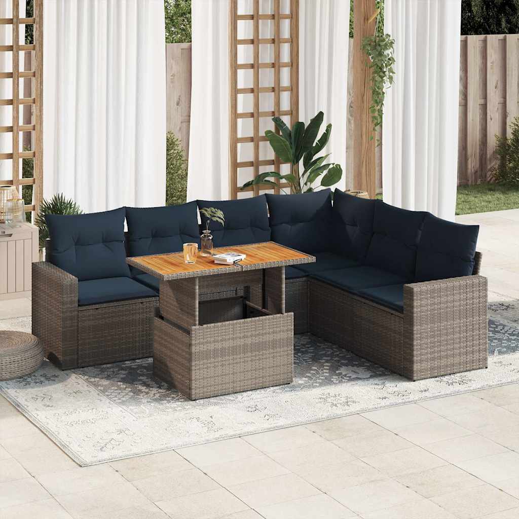 7 Pcs conjunto sofás p/ jardim c/ almofadões vime PE cinzento
