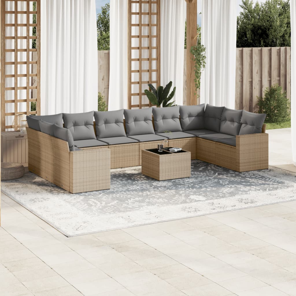 11 Pcs conjunto sofás de jardim c/ almofadões vime PE bege
