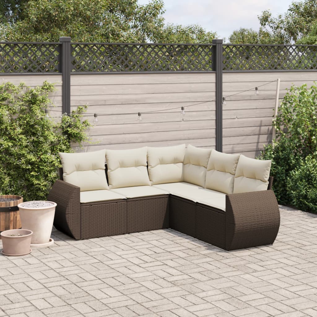 5 Pcs conjunto sofás p/ jardim c/ almofadões vime PE castanho