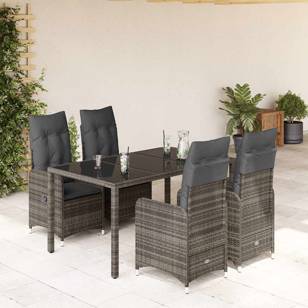 5 Pcs conjunto bistrô de jardim c/ almofadões vime PE cinza