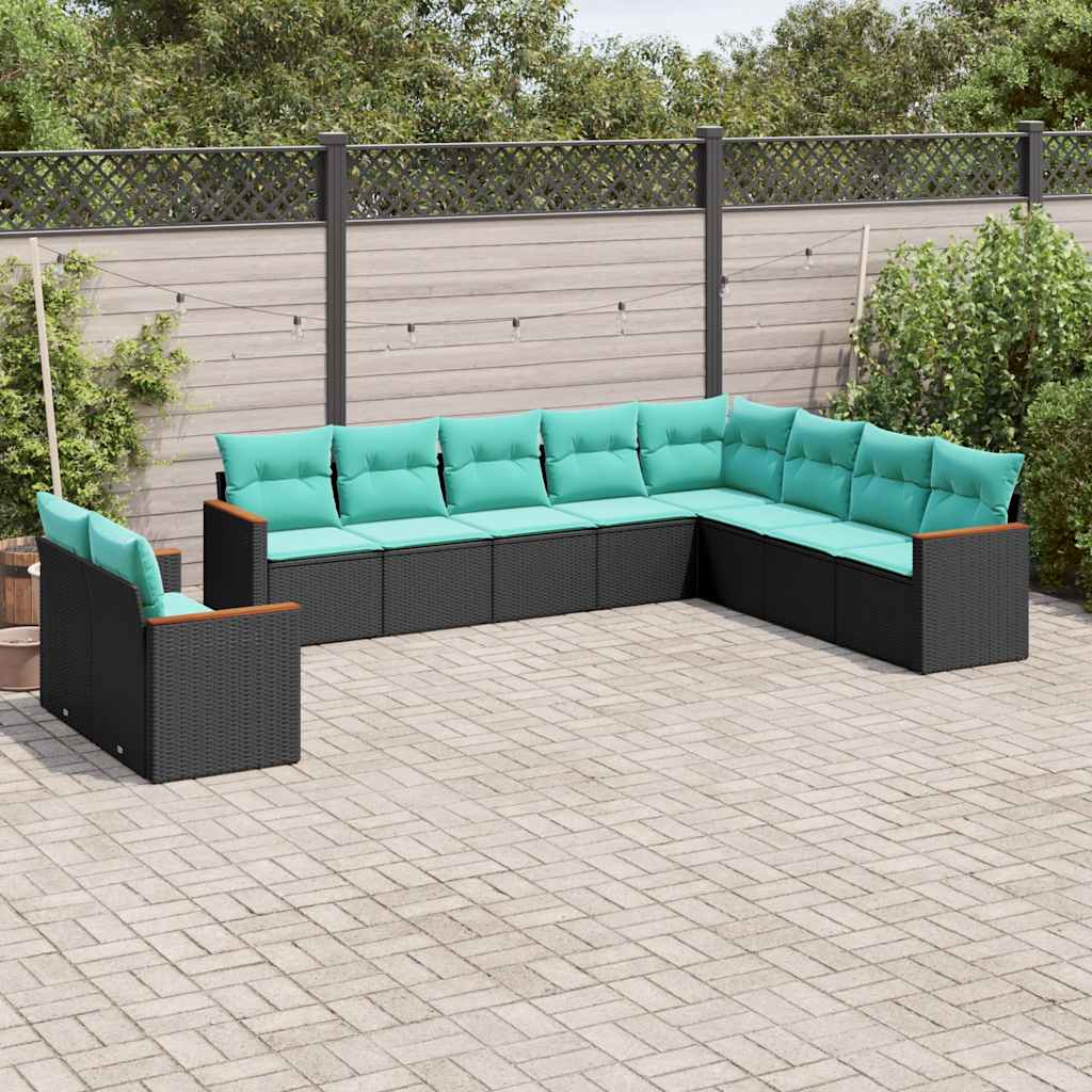 Conjunto de sofá de jardim com 10 peças e almofadas em rattan sintético preto