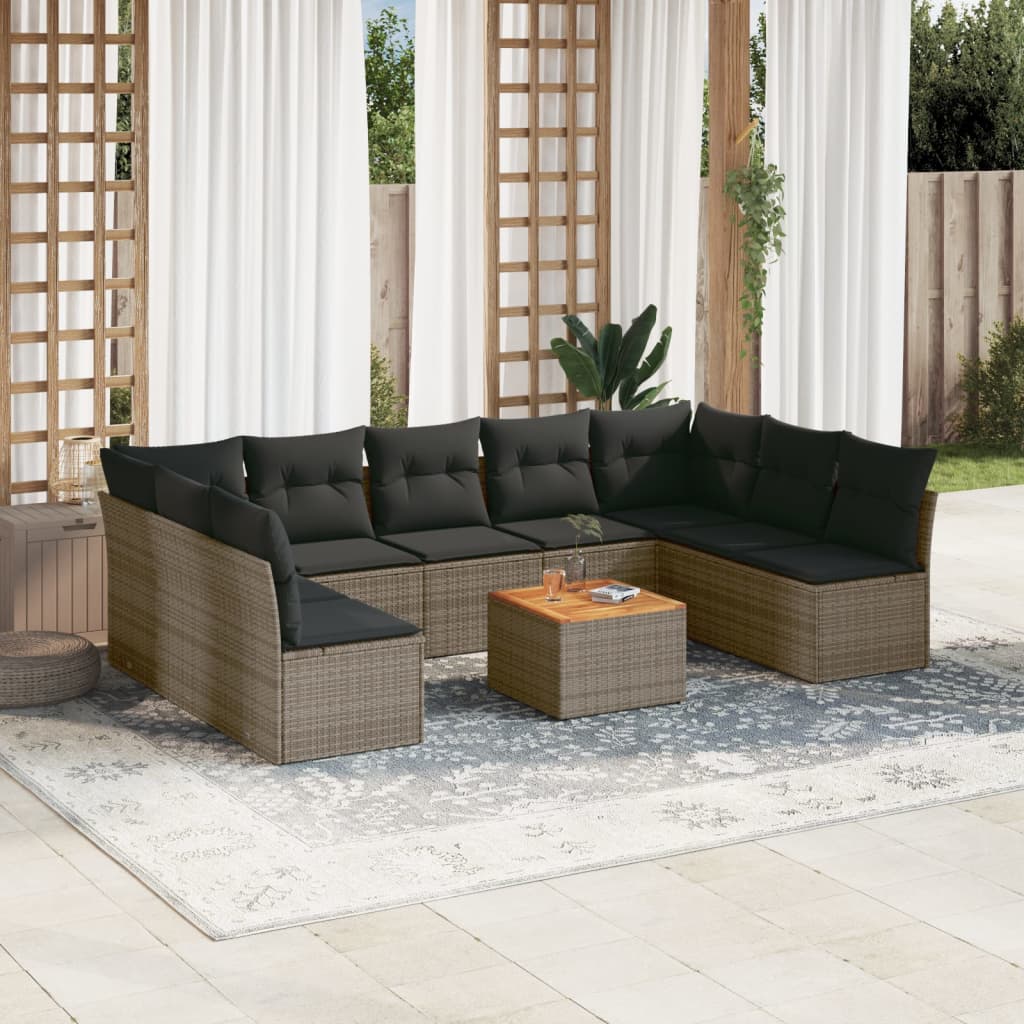 10 Pcs conjunto sofás de jardim c/ almofadões vime PE cinzento