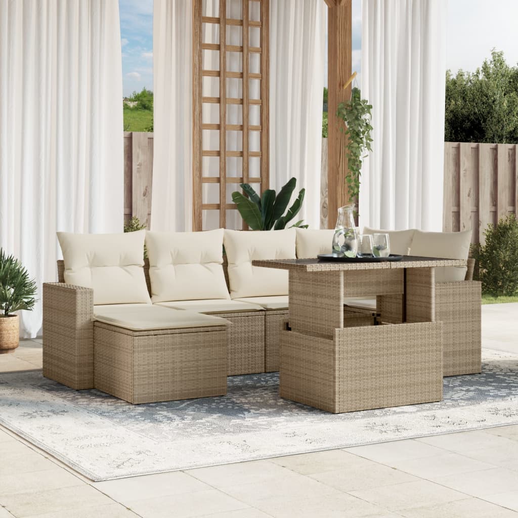 7 Pcs conjunto de sofás p/ jardim com almofadões vime PE bege
