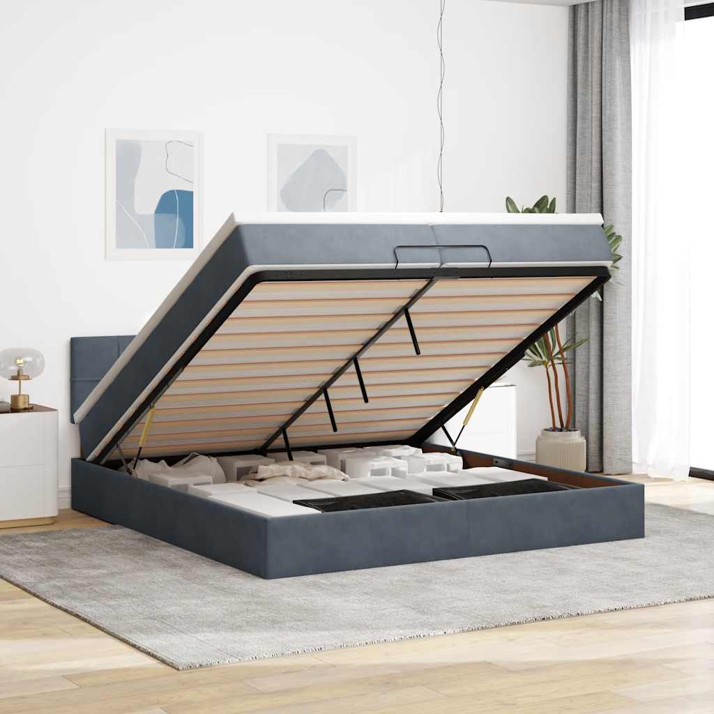 Moldura de cama otomana com colchão cinza escuro veludo