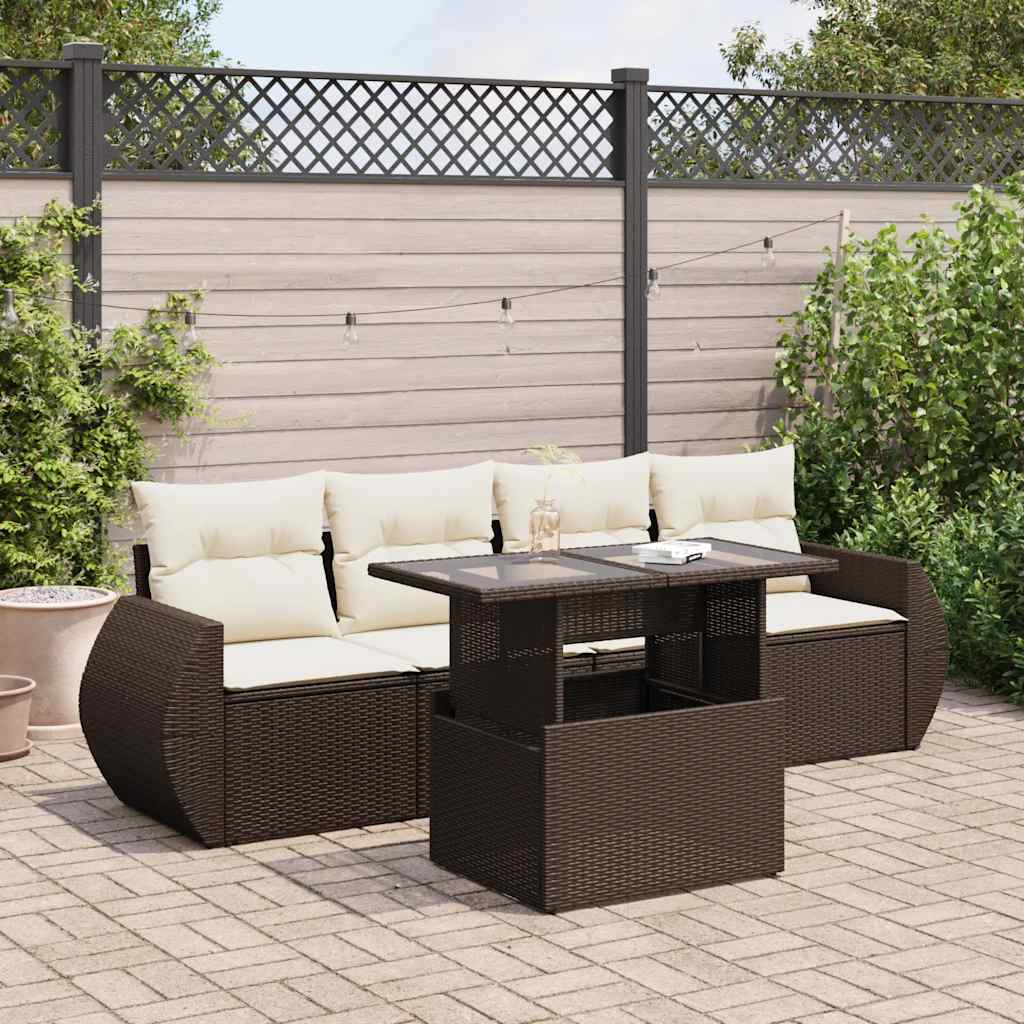 5 Pcs conjunto sofás p/ jardim c/ almofadões vime PE castanho