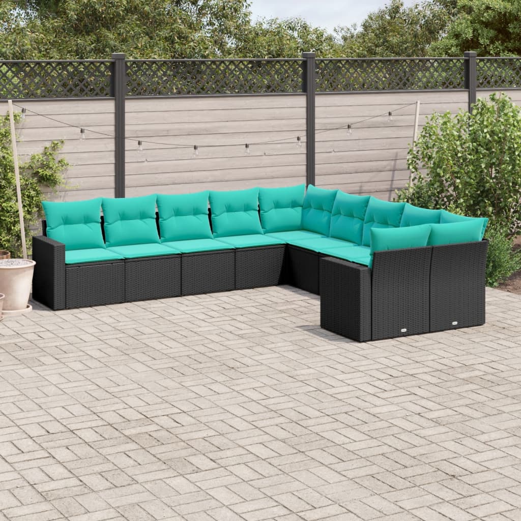 10 Pcs conjunto de sofás p/ jardim c/ almofadões vime PE preto