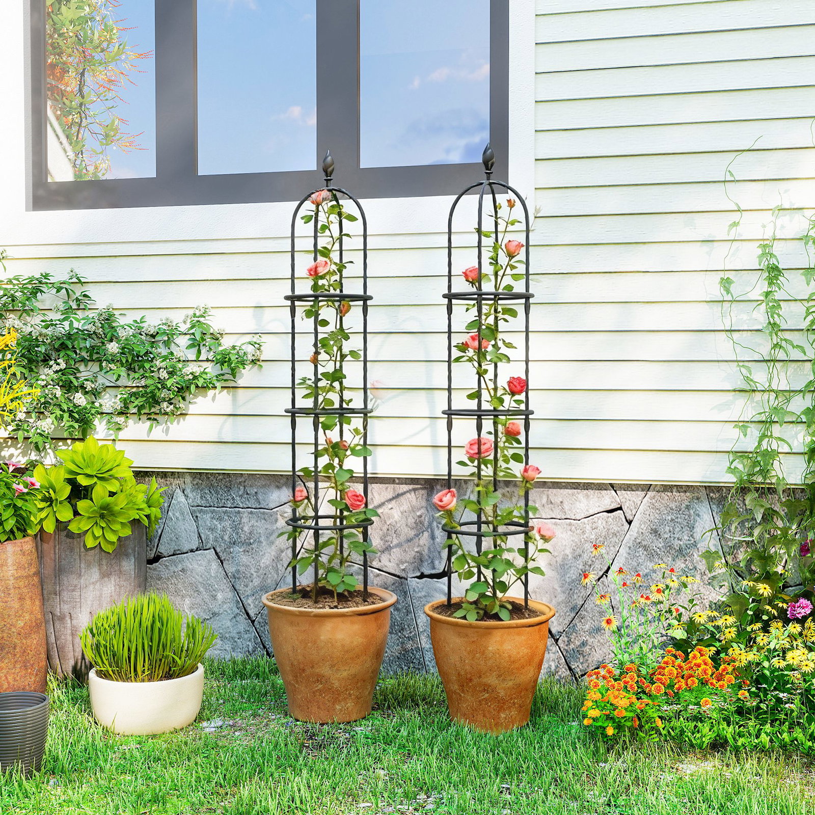 Conjunto de 2 obeliscos de jardim em aço 1,74 m treliças para plantas trepadeiras rosas para exterior pátio preto