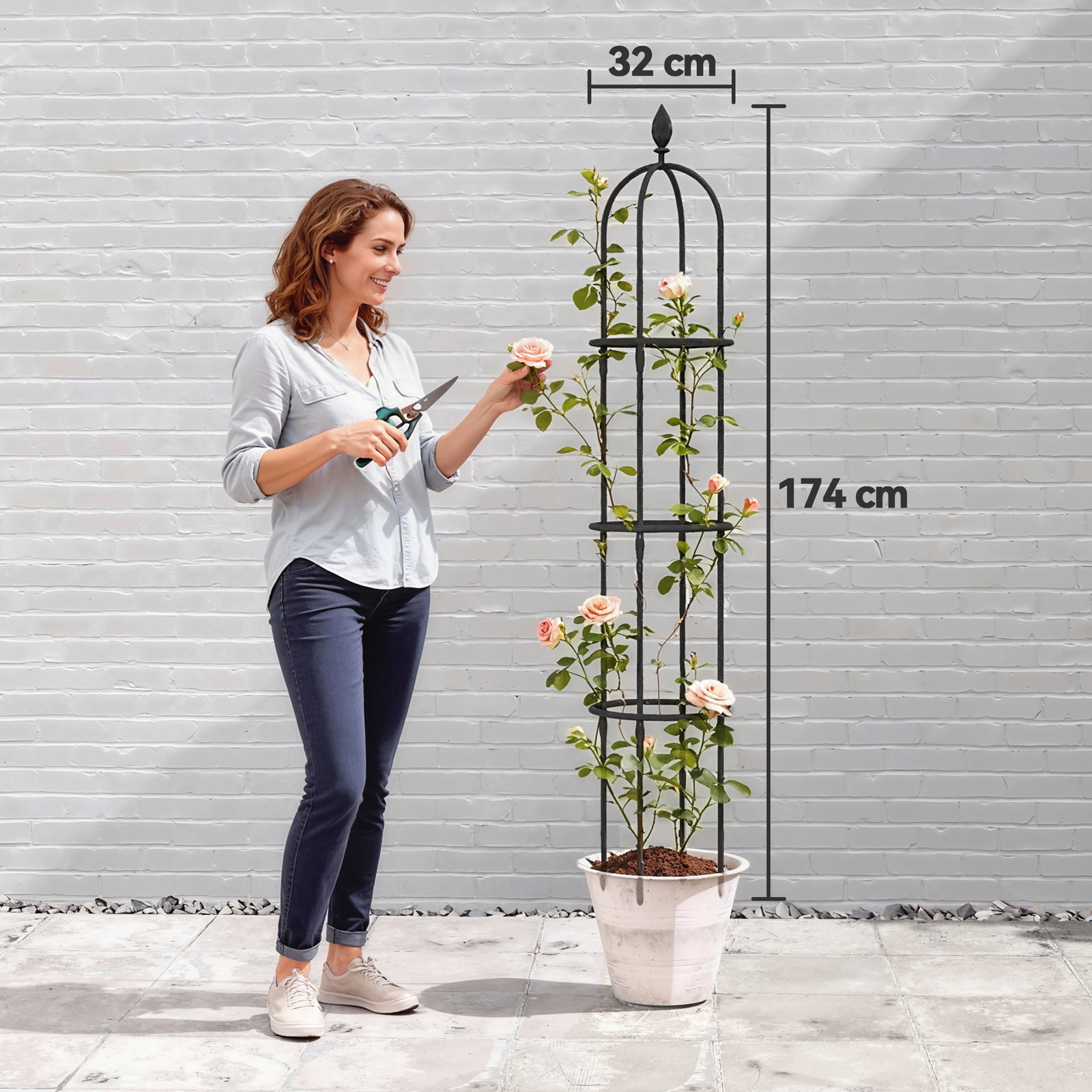 Conjunto de 2 obeliscos de jardim em aço 1,74 m treliças para plantas trepadeiras rosas para exterior pátio preto