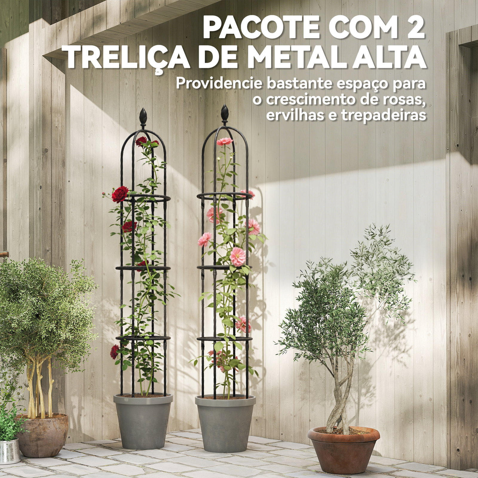 Conjunto de 2 obeliscos de jardim em aço 1,74 m treliças para plantas trepadeiras rosas para exterior pátio preto