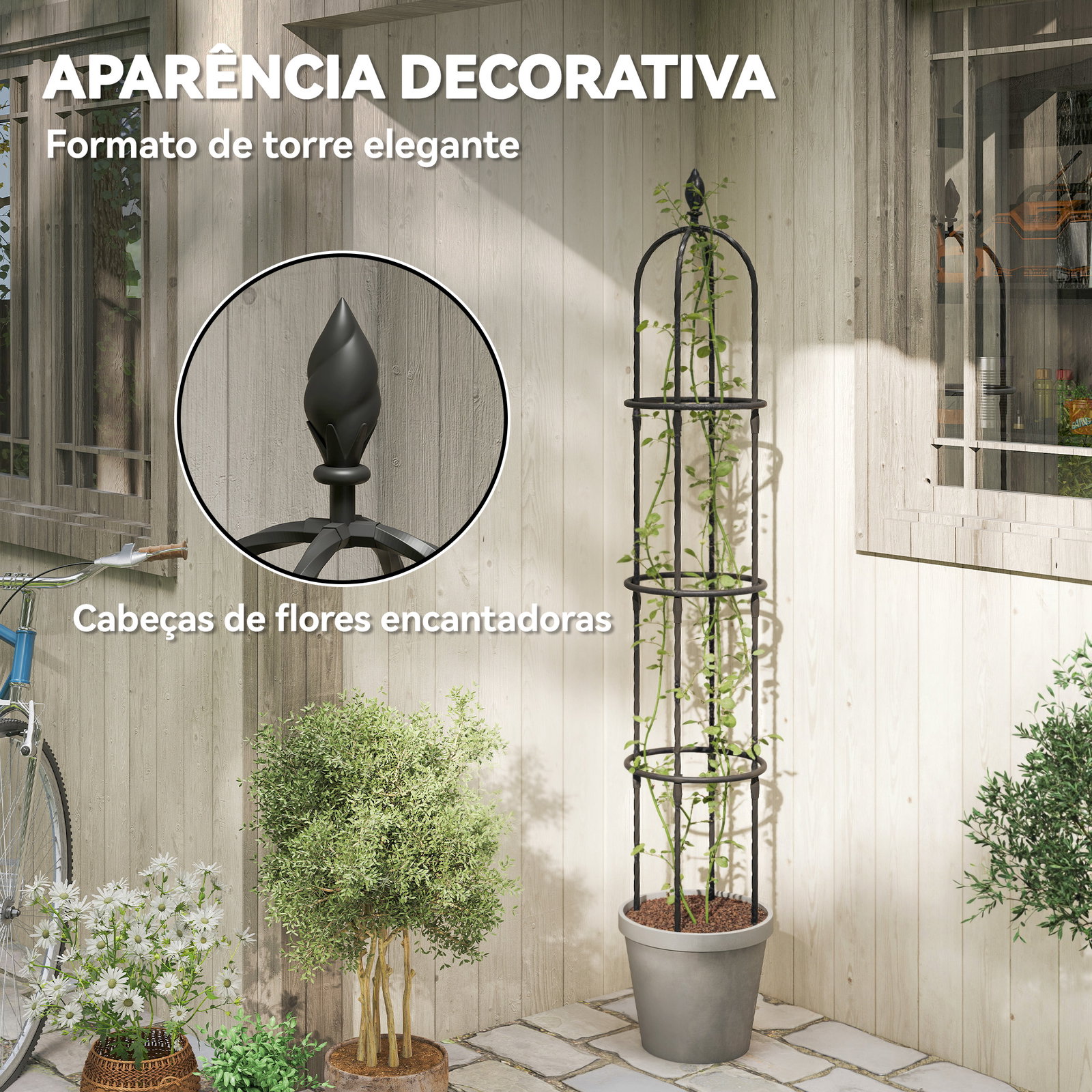 Conjunto de 2 obeliscos de jardim em aço 1,74 m treliças para plantas trepadeiras rosas para exterior pátio preto