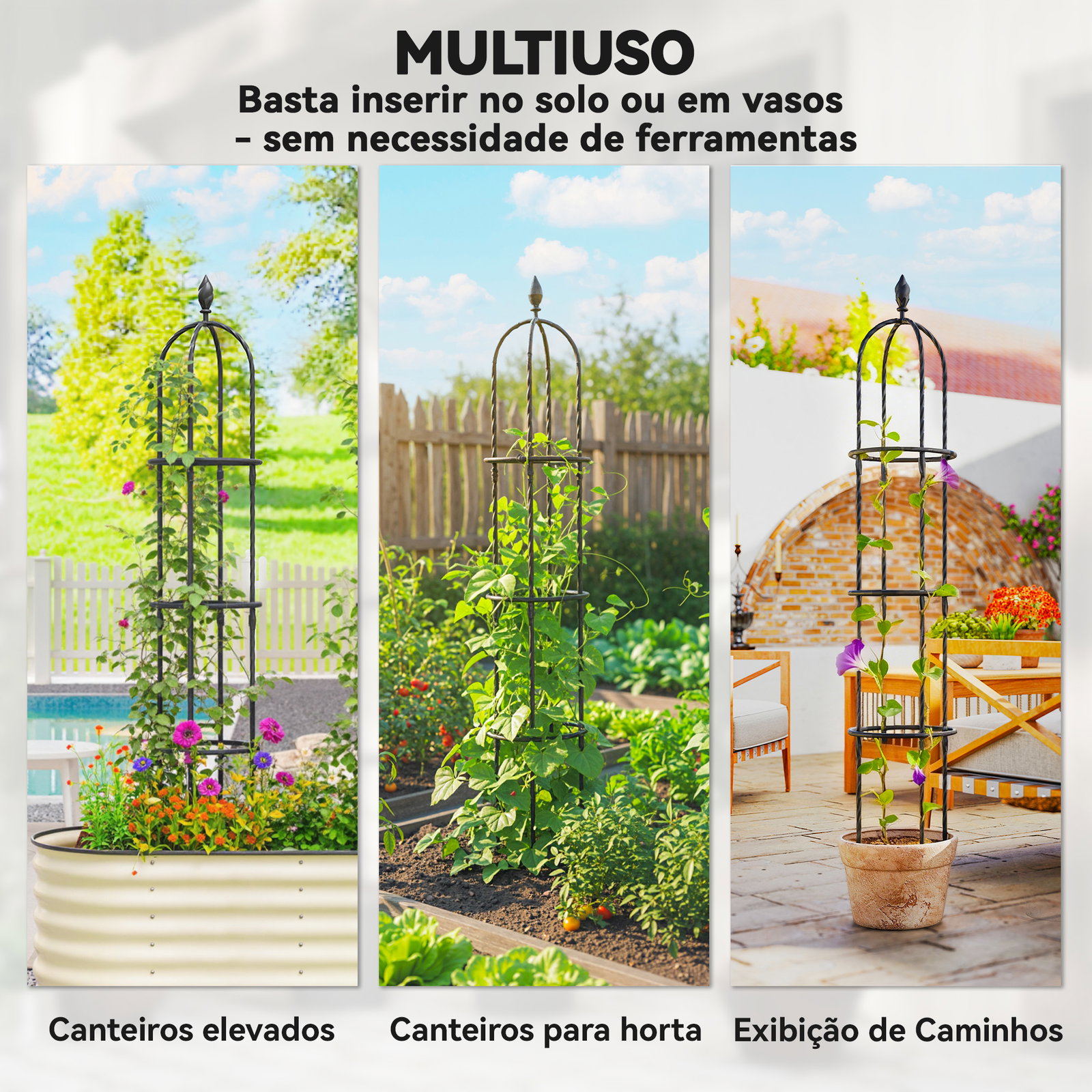 Conjunto de 2 obeliscos de jardim em aço 1,74 m treliças para plantas trepadeiras rosas para exterior pátio preto