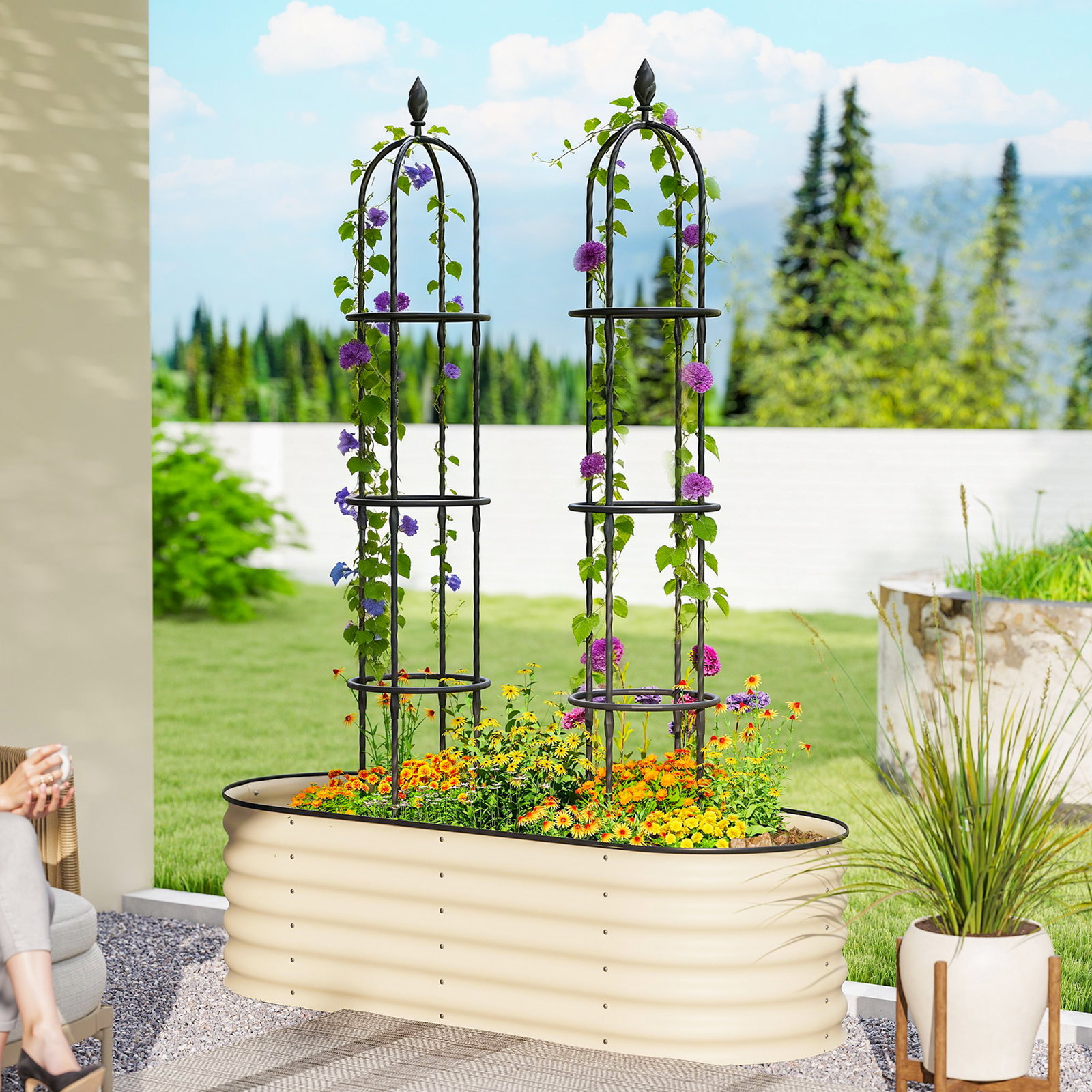 Conjunto de 2 obeliscos de jardim em aço 1,74 m treliças para plantas trepadeiras rosas para exterior pátio preto