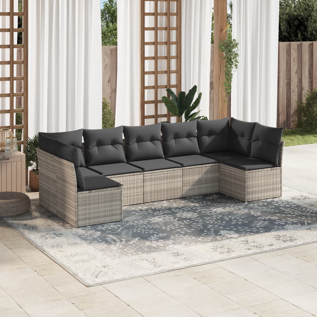 7 Pcs conj. sofás jardim com almofadões vime PE cinzento-claro