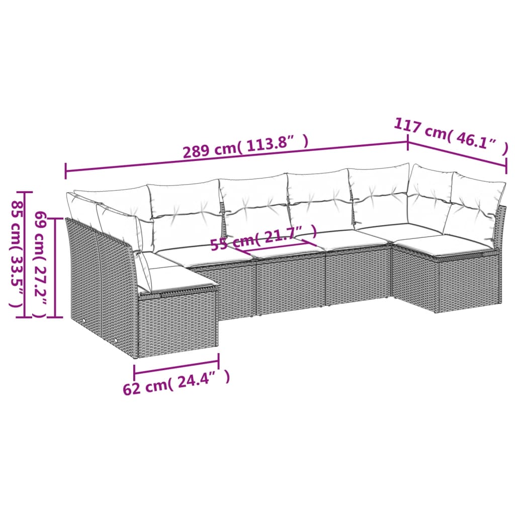 7 Pcs conj. sofás jardim com almofadões vime PE cinzento-claro