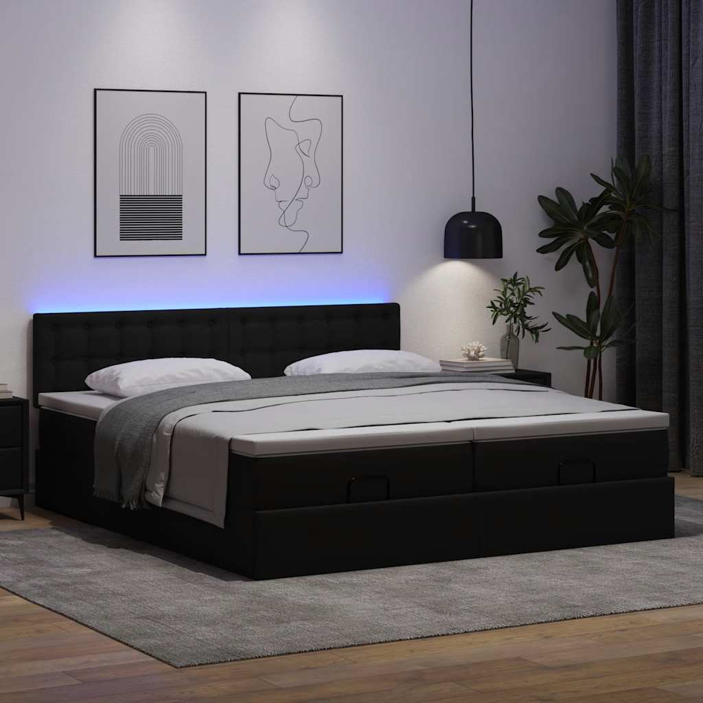 Estrutura de cama otomana com colchões pele artificial preta