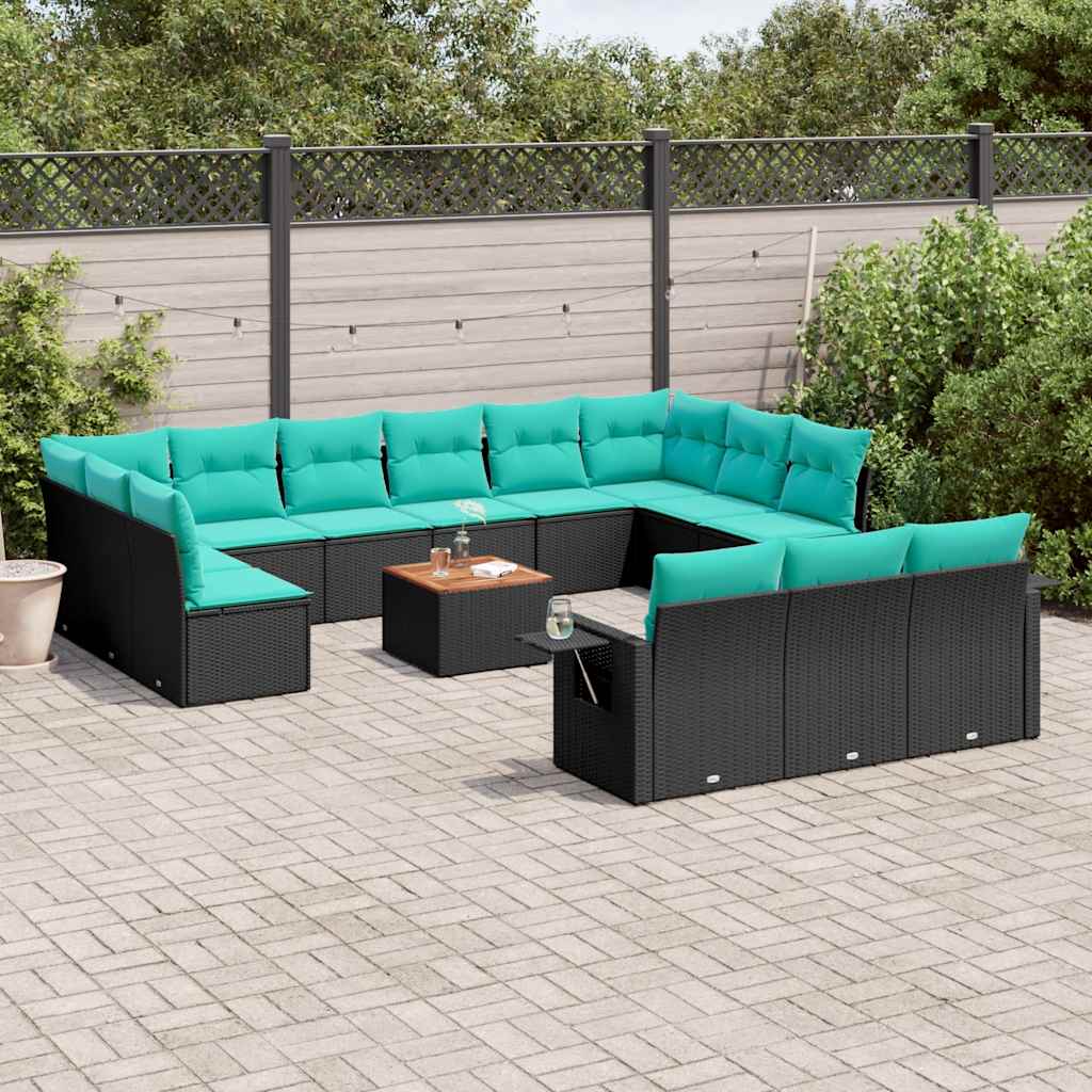 Conjunto de sofá de jardim com 14 peças e almofadas em rattan sintético preto