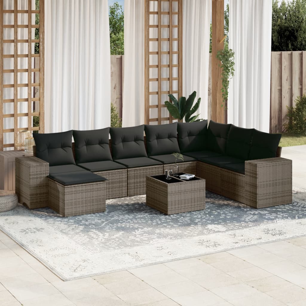 9 Pcs conjunto sofás p/ jardim com almofadões vime PE cinzento