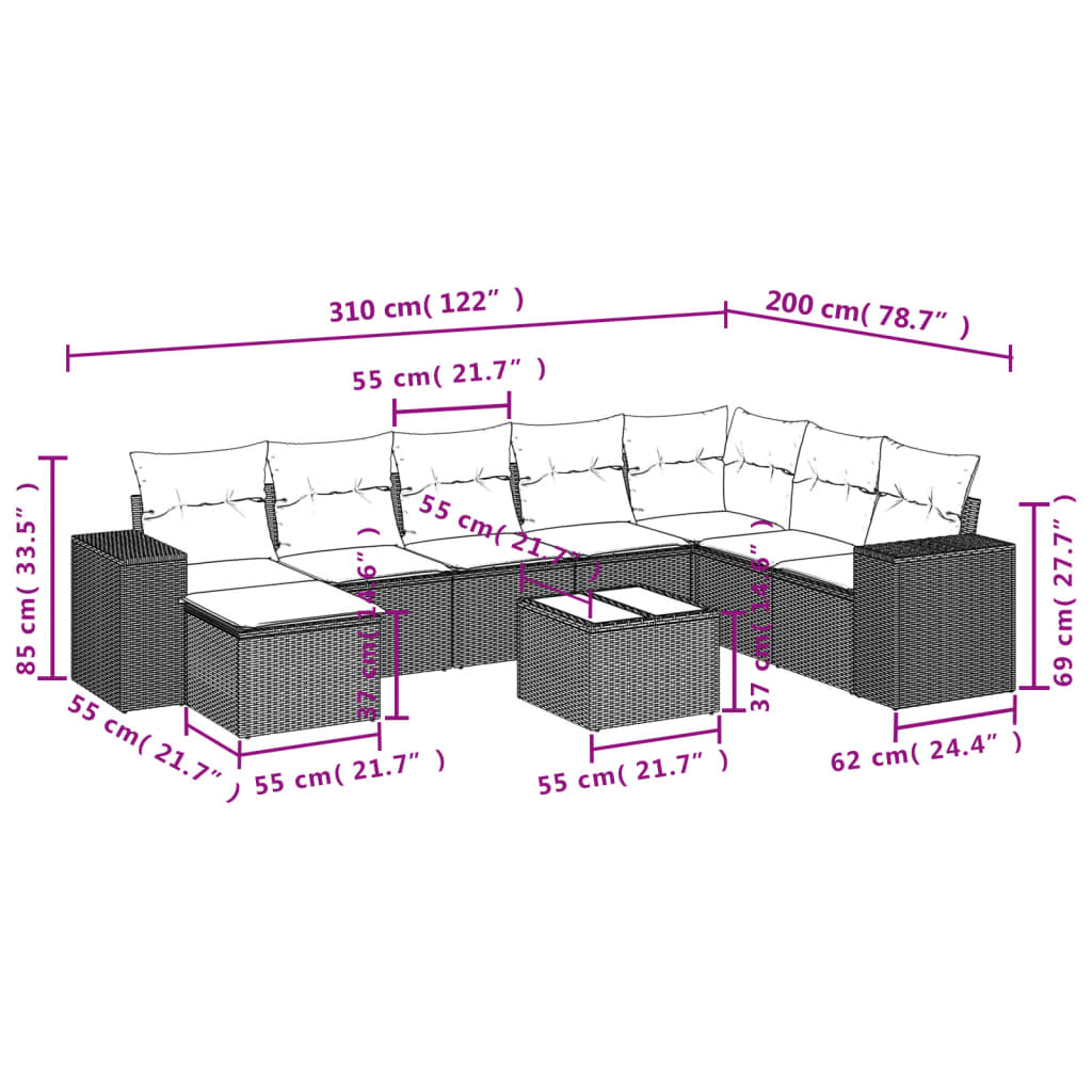 9 Pcs conjunto sofás p/ jardim com almofadões vime PE cinzento