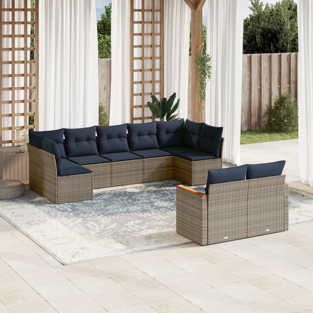 Conjunto de sofá de jardim de 9 peças com almofadas em rattan sintético cinza