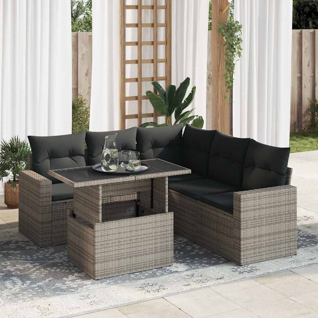 6 Pcs conjunto sofás de jardim com almofadões vime cinzento