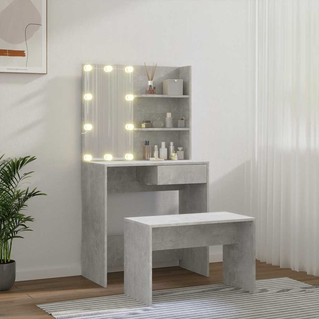 Conjunto toucador c/ leds madeira processada cinza cimento