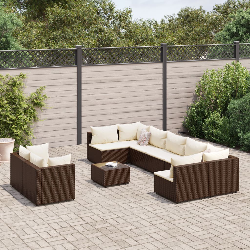 10 Pcs conj. sofás jardim com almofadões vime PE castanho