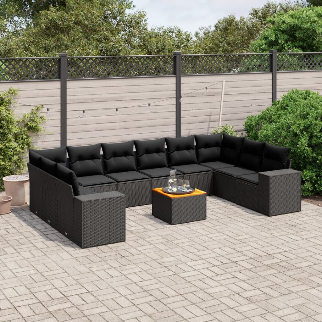 11 Pcs conjunto sofás de jardim c/ almofadões vime PE preto