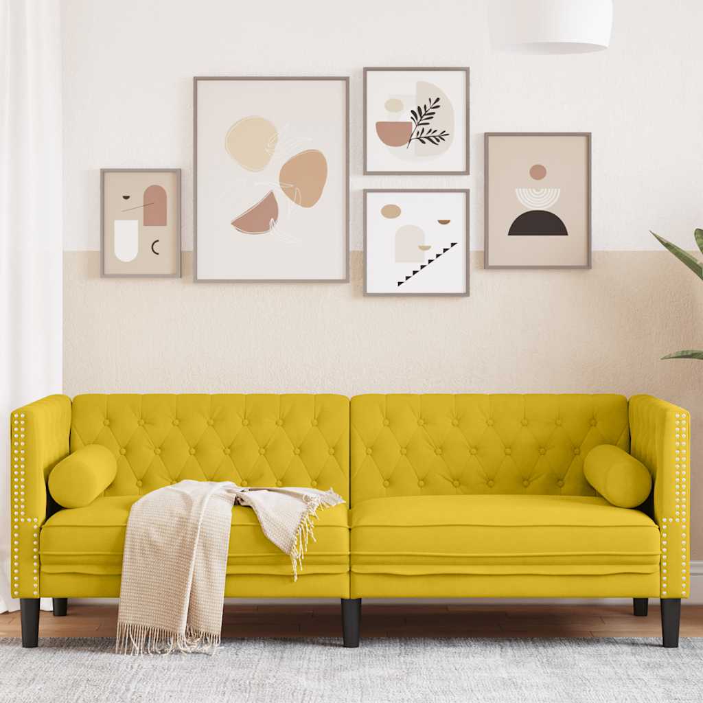 Sofá chesterfield com rolos 3 lugares veludo amarelo