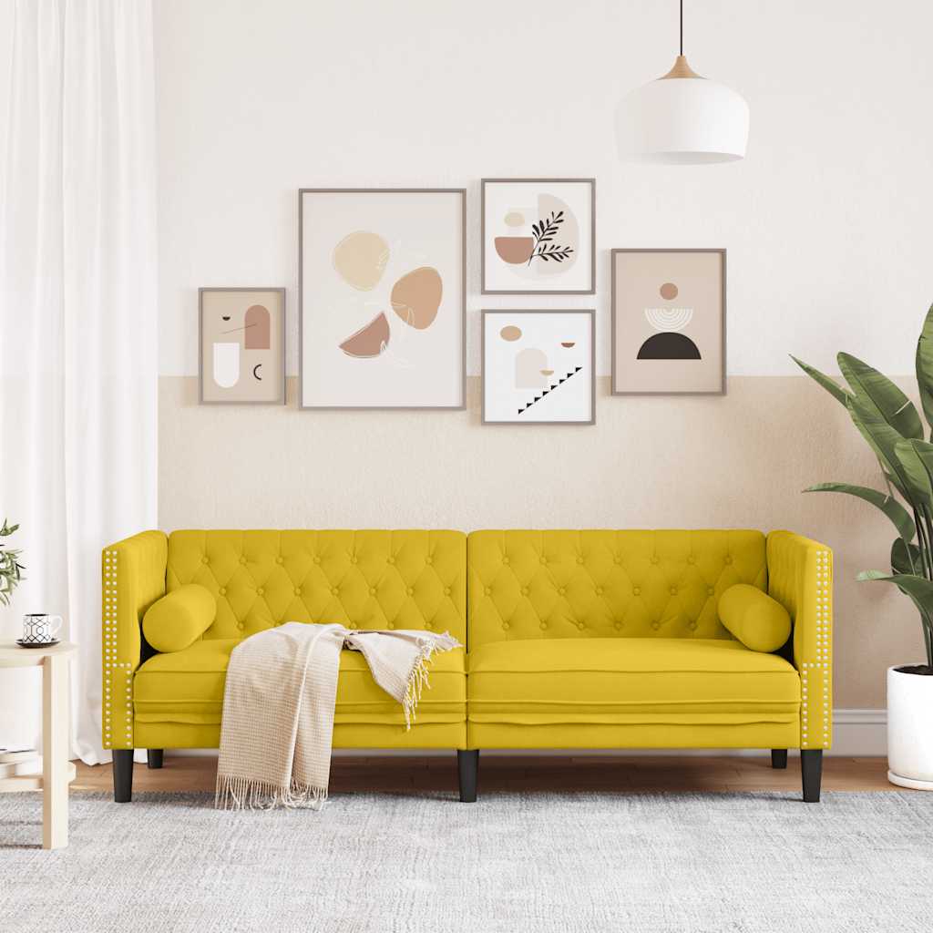 Sofá chesterfield com rolos 3 lugares veludo amarelo